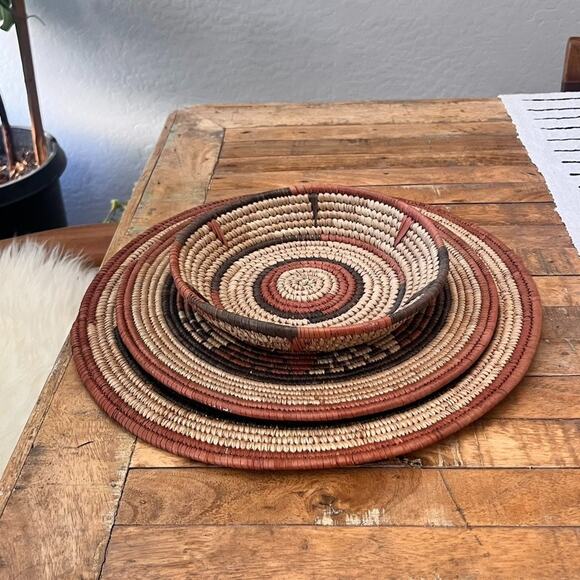 Set Of 3 African Fulani Mbeedu Rounded Flat Bowl Woven Baskets Boho